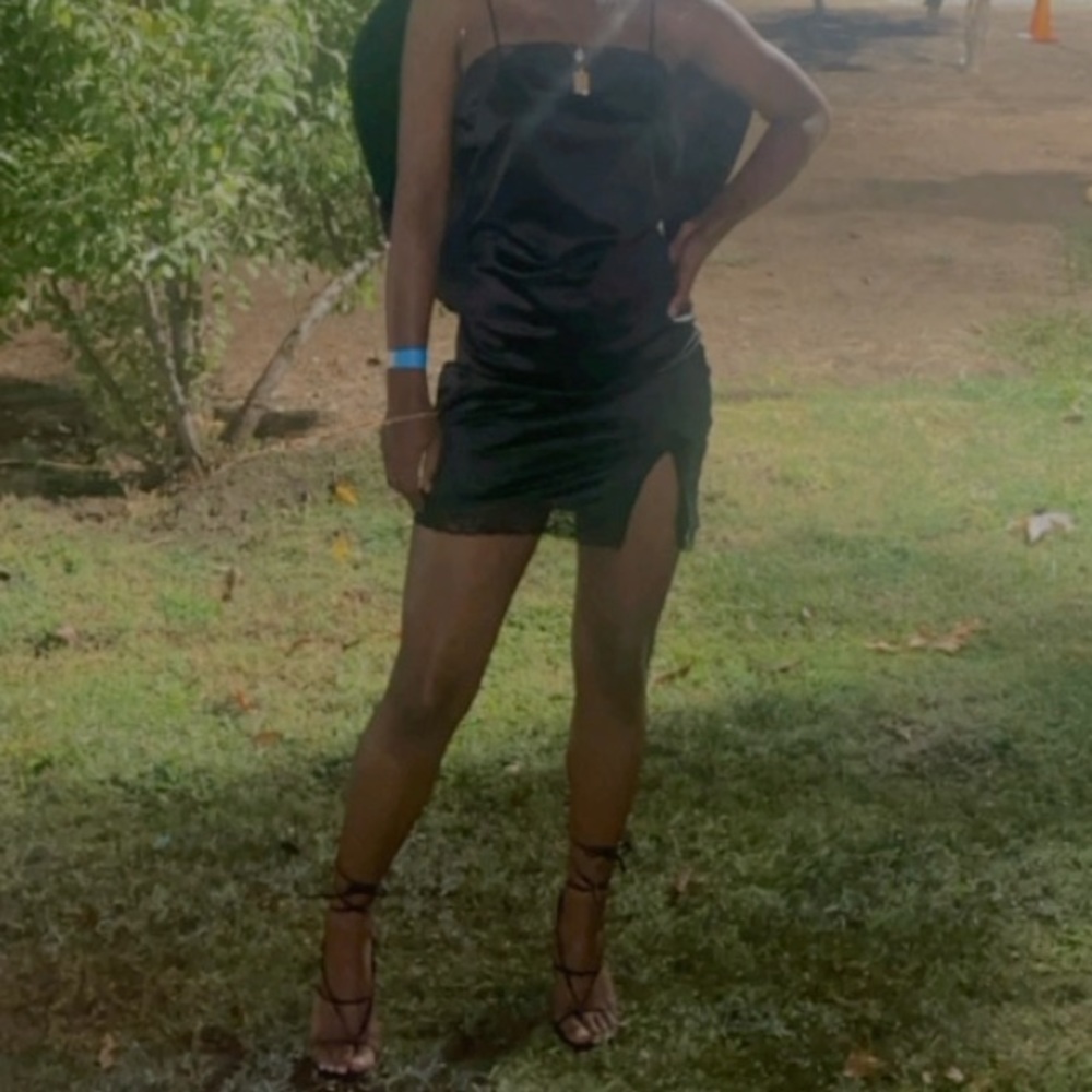 Silk with lace black mini dress// with thigh split